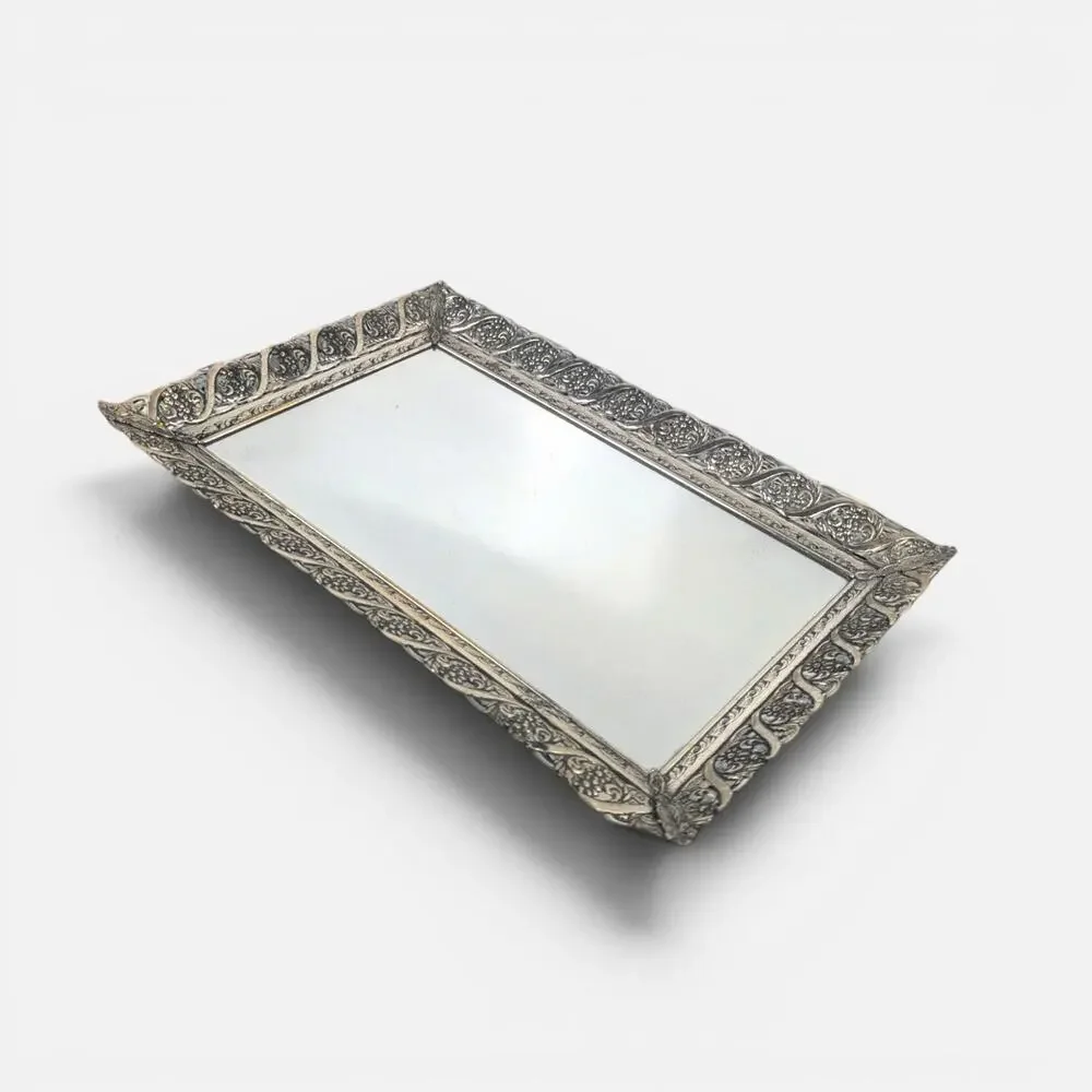Midcentury Silver Metal Vanity Mirror Tray